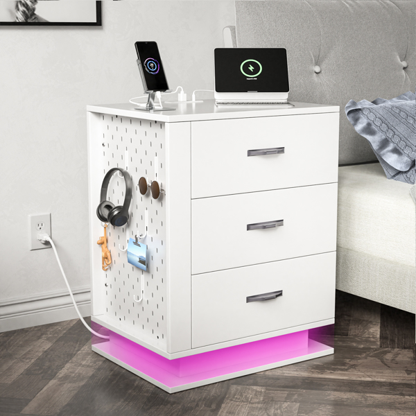 RGB LED With with Charging Station and USB Ports 3 Drawer Side Cabinet Bedside Table Nightstand Right Side White