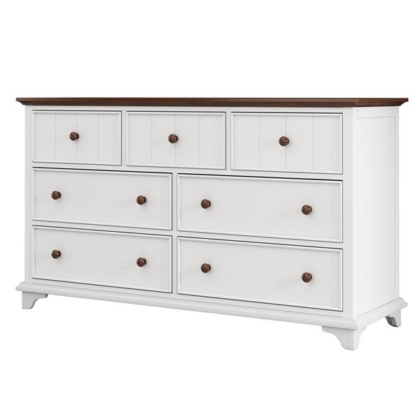 Wooden Captain Seven-Drawer Dresser for Bedroom, Living Room, Kids' Room, White+Walnut