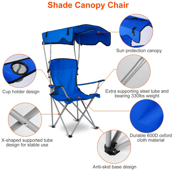 Camping Chairs with Shade Canopy for Adults, Foldable Portable Canopy Chair, Folding Lawn Outdoor Chair with Canopy for Beach, Camping, Support 330LBS--Blue（No shipment on weekends）