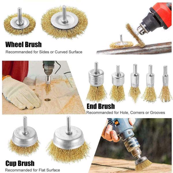 9PCS Rotary Brass Wire Cleaning Wheel Cup Brush Drill Attachment Bit Set Tool UK