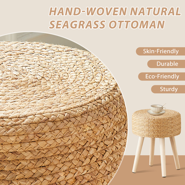 Round Ottoman Footstool Natural Seagrass Foot Stool Pouf Ottomans with Solid Wood Legs Hand Weave Hyacinth Footrest Step Stool for Living Room Balcony Garden Amazon Shipping