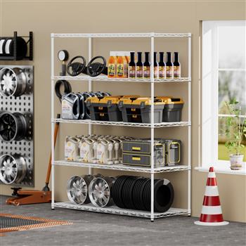 Warehouse, supermarket, kitchen, and other 5-layer heavy-duty adjustable shelves with wheels and adjustable feet, each metal frame bearing 300 pounds. 59.45 \\"L × 24.02 \\"W × 71.65 \\"H,White