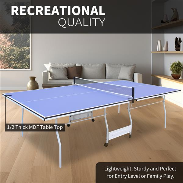 9ft Mid-Size Table Tennis Table Foldable & Portable Ping Pong Table Set for Indoor & Outdoor Games with Net, 2 Table Tennis Paddles and 3 Balls