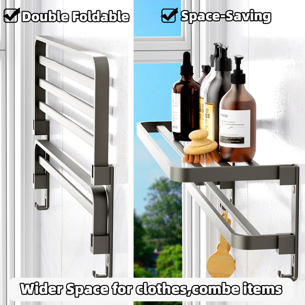 Bathroom Towel Rack Wall Mounted,16 Inch Foldable Towel Holder with Double Towel Bars Hooks,Hotel Style for Lavatory Apartments Dormitories Master Room, Self-Assembly Required