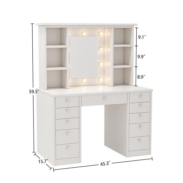 Vanity Desk with LED Lighted Mirror, Makeup Vanity  with 11Drawers, 3 Color Lighting Modes Brightness Adjustable, Hidden Wiring, Dressing Table for Bedroom, White