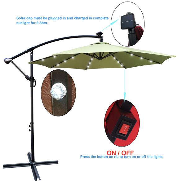 10 ft Outdoor Patio Umbrella Solar Powered LED Lighted Sun Shade Market Waterproof 8 Ribs Umbrella with Crank and Cross Base for Garden Deck Backyard Pool Shade Outside Deck Swimming Pool