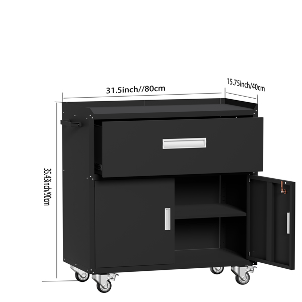 The steel tool cabinet has drawers on top and an open cabinet on the bottom It can be wheeled with wheels（BLACK）