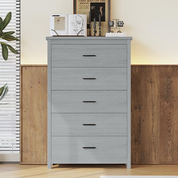 Retro American Country Style Wooden Dresser with 5 Drawer, Storage Cabinet for Bedroom, Light Gray