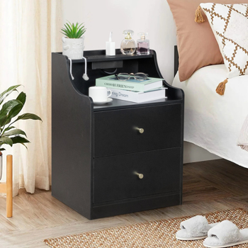 FCH black particle board with triamine matt gold tapered handle 45*35*63cm two drawers with compartments bedside table 1 wireless + 2 USB ports + 2 US standard three-plug ports