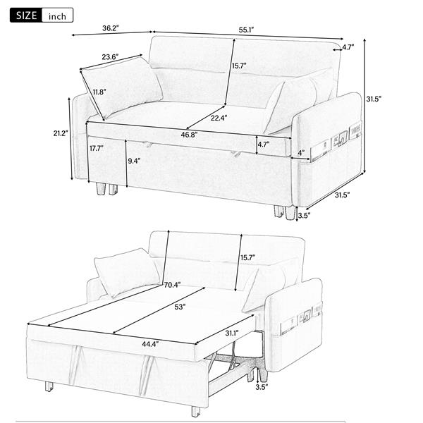 55.1" Pull Out Sleep Sofa Bed Loveseats Sofa Couch with Adjsutable Backrest, Storage Pockets, 2 Soft Pillows, USB Ports for Living Room, Bedroom, Apartment, Office, Blue