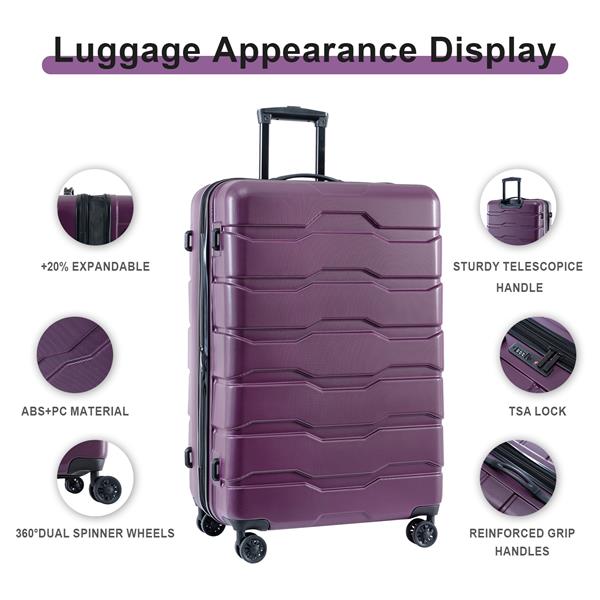 Luggage Sets New Model Expandable ABS+PC 3 Piece Sets with Spinner Wheels Lightweight TSA Lock (20/24/28),DEEP PURPLE