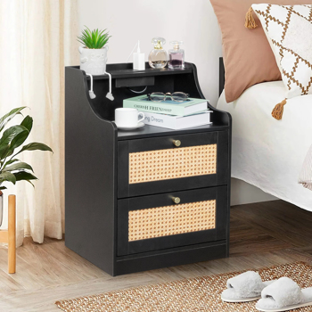 FCH black particle board with triamine matt gold tapered handle 45*35*63cm rattan two drawers with compartments bedside table 1 wireless + 2 USB ports + 2 US standard three-plug ports