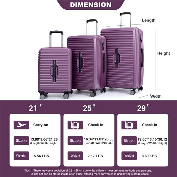 3 Piece Luggage Sets PC+ABS Lightweight Suitcase with Two Hooks, 360° Double Spinner Wheels, TSA Lock, (21/25/29) Dark Purple