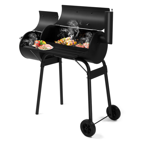 Barrel Charcoal Grill with Offset Smoker, All Metal Outdoor Smoker with Side Table and Wheels for Outdoor Garden Patio and Backyard Cooking