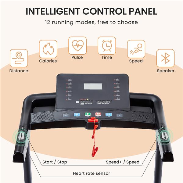 Treadmill - 2.5 HP folding treadmill, easy to move, with 3-speed incline adjustment and 12 preset programs, 3 countdown modes, heart rate, Bluetooth, etc., suitable for home and gym use