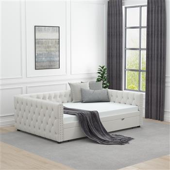 Daybed with Trundle Velvet Upholstered Tufted Sofa Bed, with Button and Copper Nail onSquare Arms,Full Daybed & Twin Trundle-  For Bedroom, Living Room, Guest Room,(83\\"x57\\"x26\\")