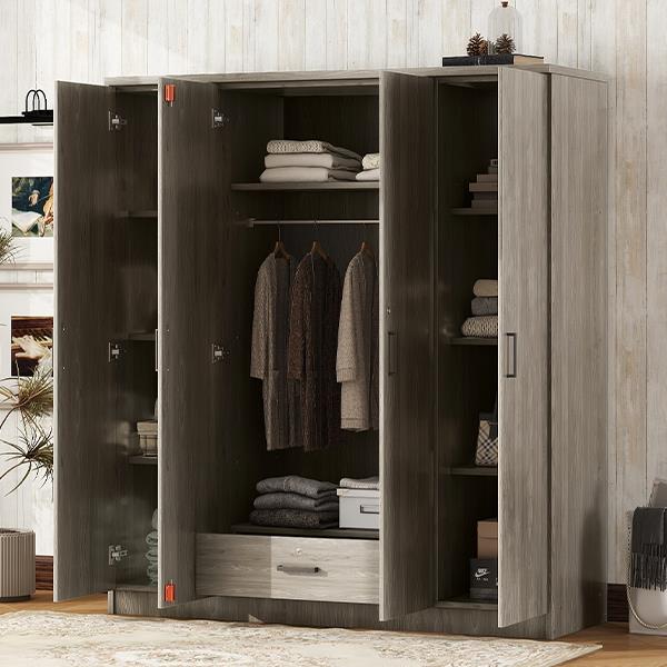 4-Door Wardrobe with 1 Drawer, Gray