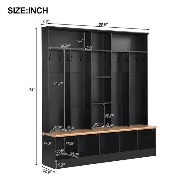 Wide Design Hall Tree with Storage Bench, Minimalist Shoe Cabinet with Cube Storage & Shelves, Multifunctional Coat Rack with 8 Hooks for Entryways, Mudroom, Black