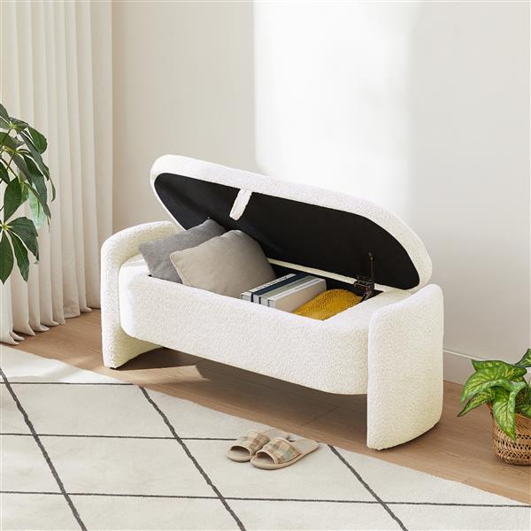 Oval Storage Bench 3D Lamb Fleece Fabric  Bench with Large Storage Space for the Living Room, Entryway and Bedroom,cream white