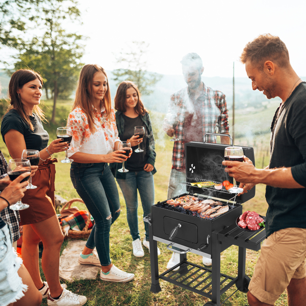 Charcoal Grill with Foldable Side Table and Wheels, Heavy-duty BBQ Grill for Outdoor Picnics Patio Garden and Backyard Grilling