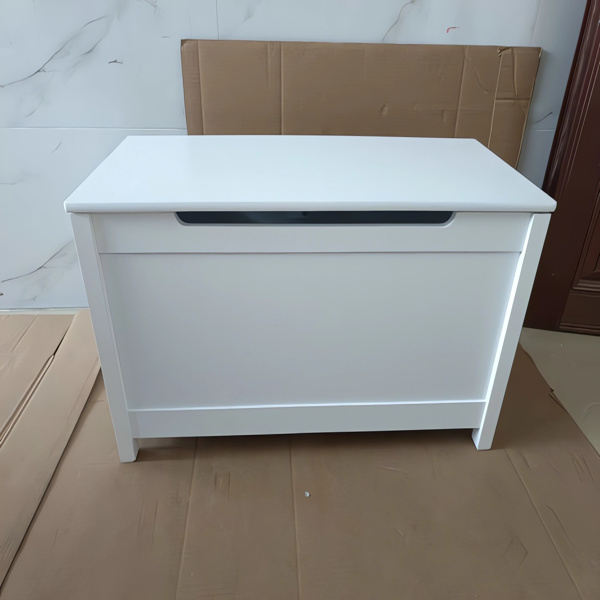 Wooden storage case with safety hinge cover-white