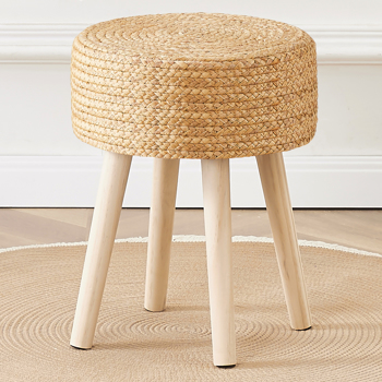 Round Ottoman Footstool Natural Seagrass Foot Stool Pouf Ottomans with Solid Wood Legs Hand Weave Hyacinth Footrest Step Stool for Living Room Balcony Garden Amazon Shipping