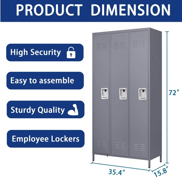 3 Door 72"H Metal Lockers With Lock for Employees,Storage Locker Cabinet for Home Gym Office School Garage,Gray 