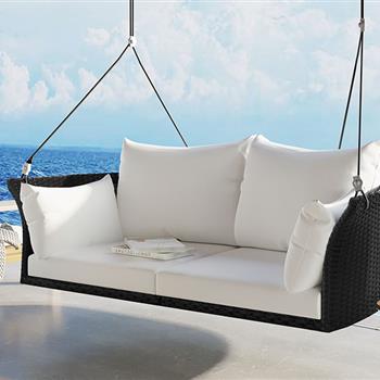 51.9\\" 2-Person Hanging Seat, Rattan Woven Swing Chair, Porch Swing With Ropes, Black Wicker And White Cushion