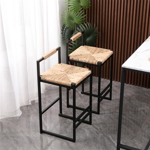 Set of 2 Water Hyacinth Woven Bar Stools with Back Support Counter Height Dining Chairs for Kitchen, Home, Office (Water Hyacinth with Back)