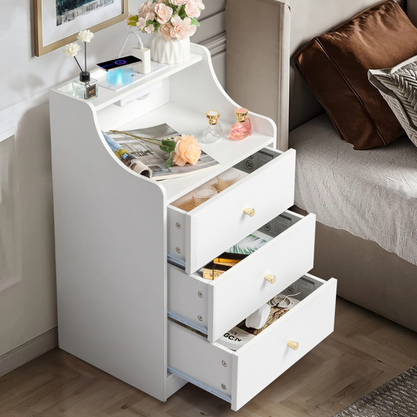 FCH white particleboard with triamine matt gold tapered handle 45*35*73cm three drawers with compartments bedside table 1 wireless + 2 USB ports + 2 US standard three-plug ports