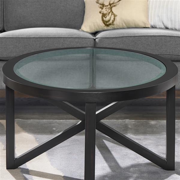 Modern simple glass coffee table, tempered glass coffee table solid wood base round transparent glass top modern living room terrace study coffee table