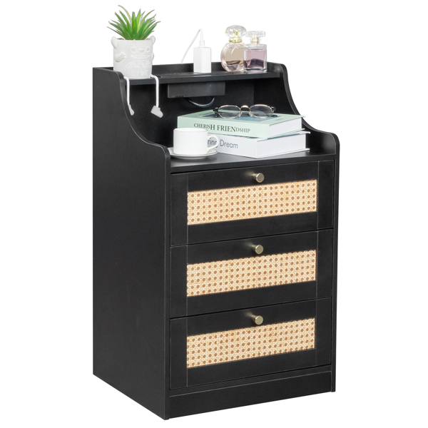 FCH black particle board with triamcinol matt gold tapered handle 45*35*73cm rattan three drawers with compartments bedside table 1 wireless + 2 USB ports + 2 US standard three-plug ports