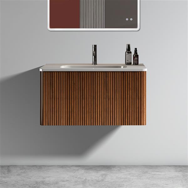 U047-30W-305  30" Striped Walnut Bathroom Vanity with White Ceramic Sink, Wall Mounted Floating Bathroom Vanity for Modern Bathroom, One-Piece White Basin without Drain and Faucet