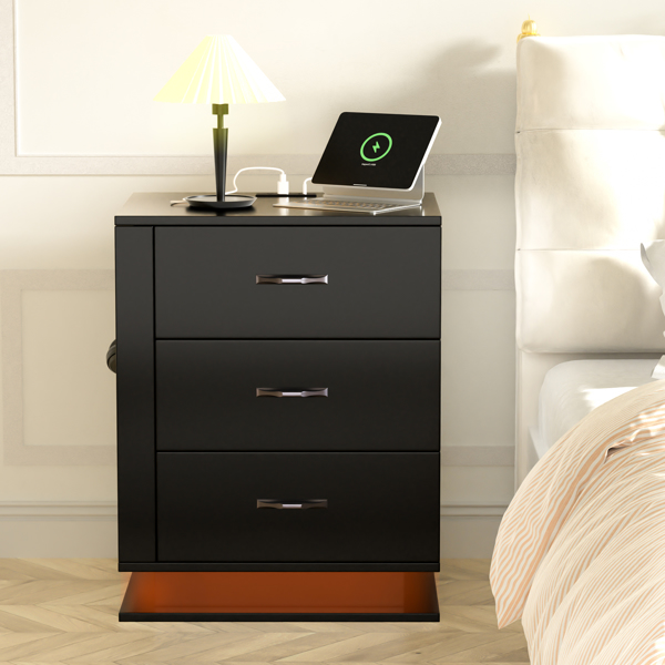 RGB LED With with Charging Station and USB Ports 3 Drawer Side Cabinet Bedside Table Nightstand Right Side Black