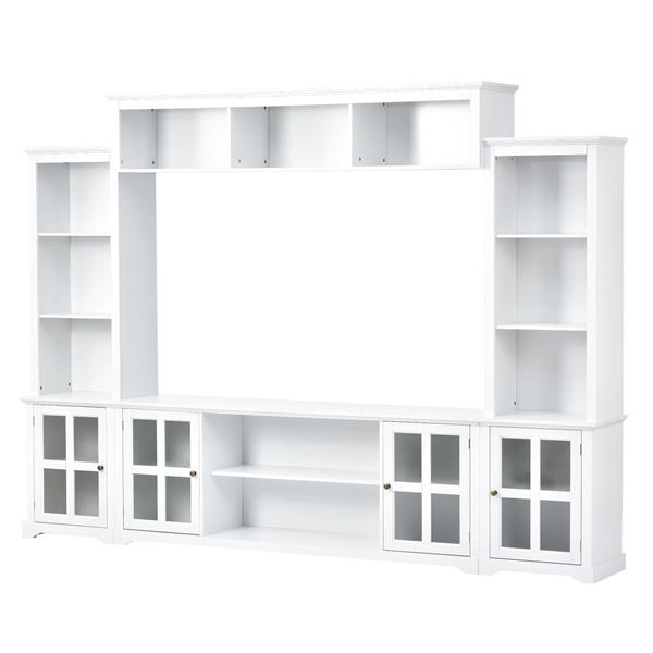 [VIDEO provided] Minimalism Entertainment Wall Unit with Bridge, Modern TV Console Table for TVs Up to 70", Multifunctional TV Stand with Tempered Glass Door, White