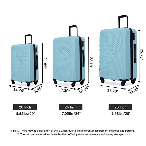 3 Piece Luggage Sets ABS Lightweight Suitcase with Two Hooks, Spinner Wheels, TSA Lock, (20/24/28) Green