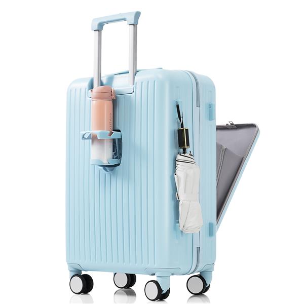 Front Opening 20-Inch Carry-On Luggage with Expandable Travel Bag Set, ABS Hard Shell Two-piece suitcase set with USB Port , Cup Holder, light blue