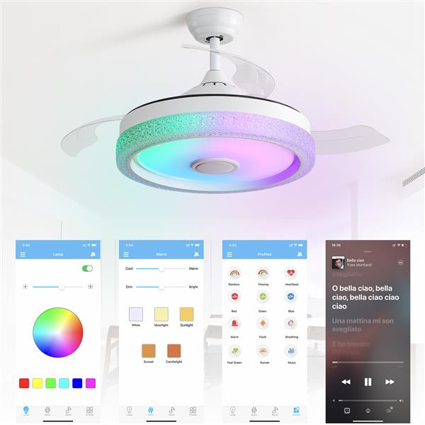 42 Inch Modern Invisible Ceiling Fan, 120V 3 ABS Blades Remote Control Reversible DC Motor, With 36W Led Light Smart APP Control, Past ETL Ceiling Fan