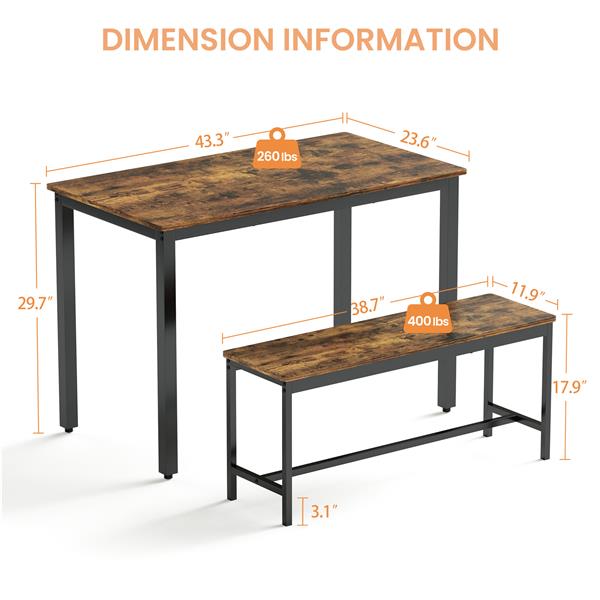 Dining Table Set, Bar Table with 2 Dining Benches, Kitchen Table Counter with Chairs, Industrial for Kitchen Breakfast Table, Living Room, Party Room, Rustic Brown and Black,43.3″L x23.6″W x 29.9″H