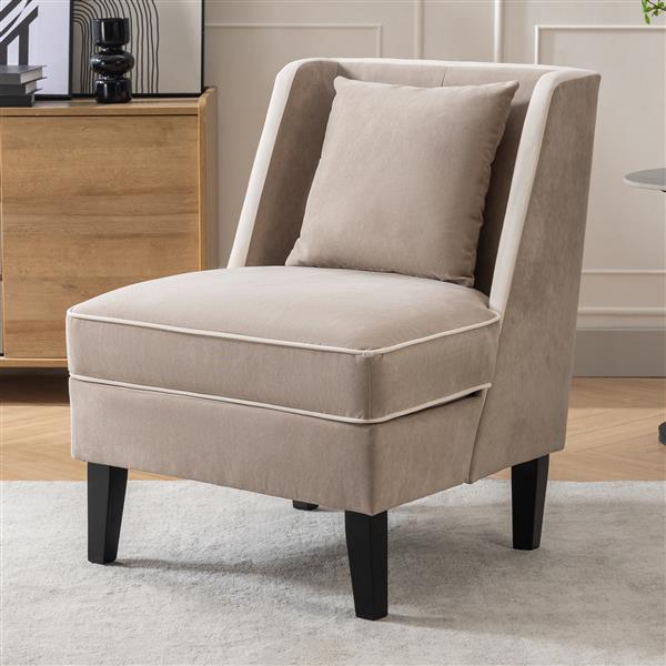 Velvet Upholstered Accent Chair with Cream Piping, Tan and Cream