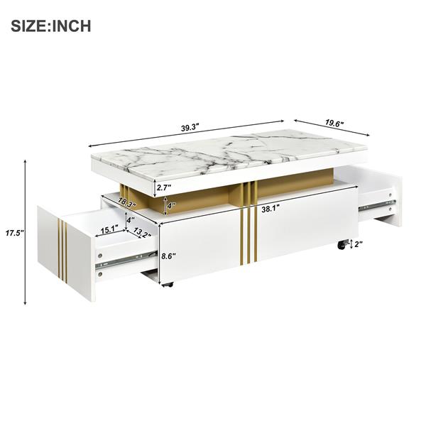 [VIDEO provided] Contemporary Coffee Table with Faux Marble Top, Rectangle Cocktail Table with Caster Wheels, Moderate Luxury Center Table with Gold Metal Bars for Living Room, White