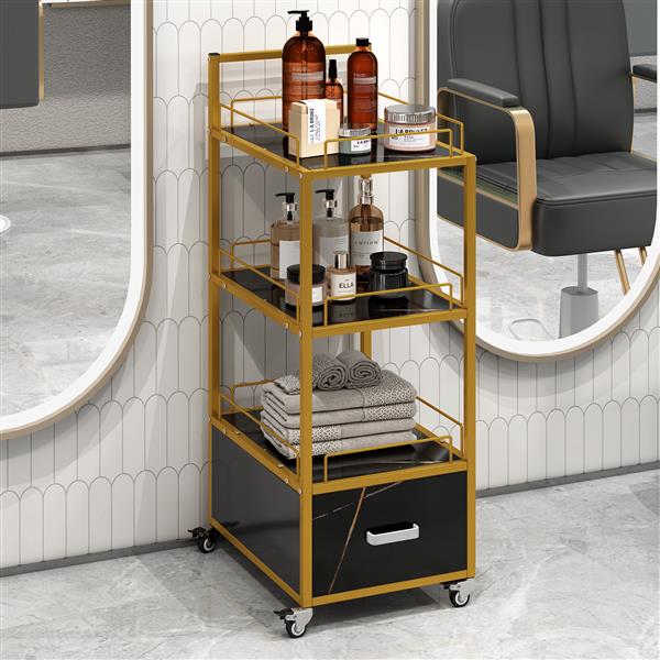 Beauty Salon Storage Trolley Cart,with Lockable Rolling Wheels,Metal Frame Marbled Board,Drawer Barber Salon Furniture,Black