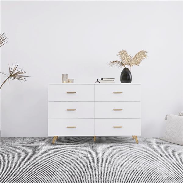 High Glossy Surface 6 Drawers Chest of Drawer with Golden Handle and Golden Steel Legs White Color Vanity