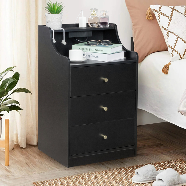 FCH black particleboard with triamine matt gold tapered handle 45*35*73cm three drawers with compartments bedside table 1 wireless + 2 USB ports + 2 US standard three-plug ports