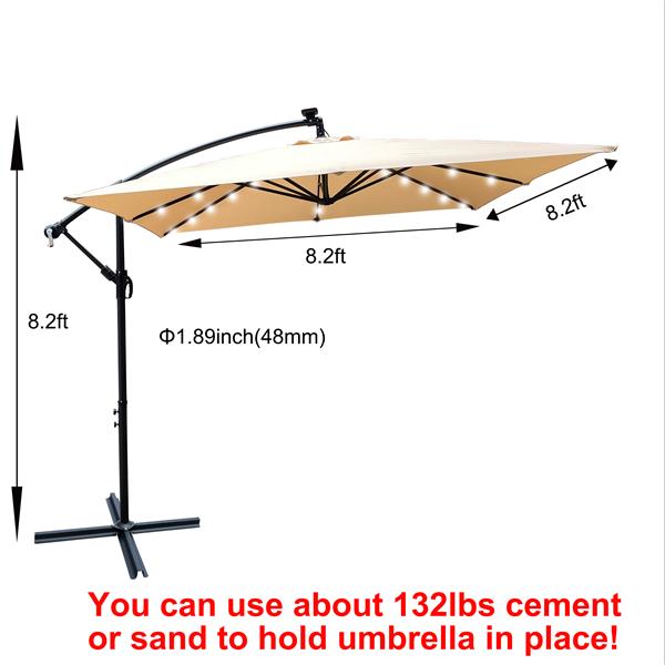 Square 2.5X2.5M Outdoor Patio Umbrella Solar Powered LED Lighted Sun Shade Market Waterproof 8 Ribs Umbrella with Crank and Cross Base for Garden Deck Backyard Pool Shade Outside Deck Swimming Pool