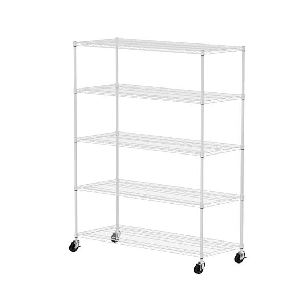 Warehouse, supermarket, kitchen, and other 5-layer heavy-duty adjustable shelves with wheels and adjustable feet, each metal frame bearing 300 pounds. 59.45 "L × 24.02 "W × 71.65 "H,White