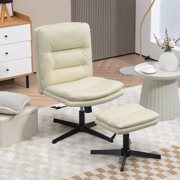 Accent Chair with Ottoman, Comfy Living Room Chair and Ottoman Set Extra-Thick PU Leather Padded Modern Lounge Accent Chair for Bedroom and Living Room(White)