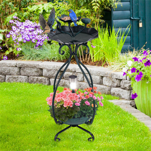 Dark green Solar Bird Bath Feeder Combo with Flower Planter Pedestal and Solar Lights