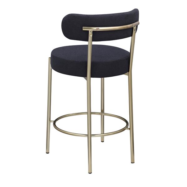 Modern Sherpa Counter Height Stools Set of 2, Uphsoltered 26" Seat Height Barstools with Brushed Brass Metal Legs Round Low Back Kitchen Stools with Footrest for Dining Room, Black