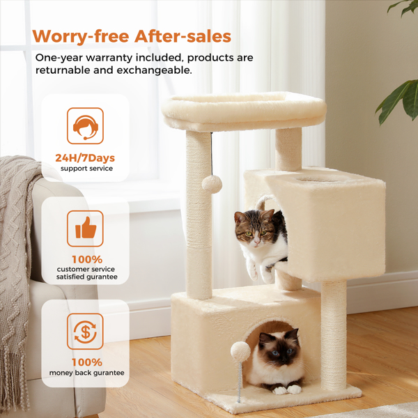 31.5" Cat Tree Cat Tower with Dual Large Condos for Kittens and Medium Size Cats,Beige(Banned shein,unable to ship on weekends)